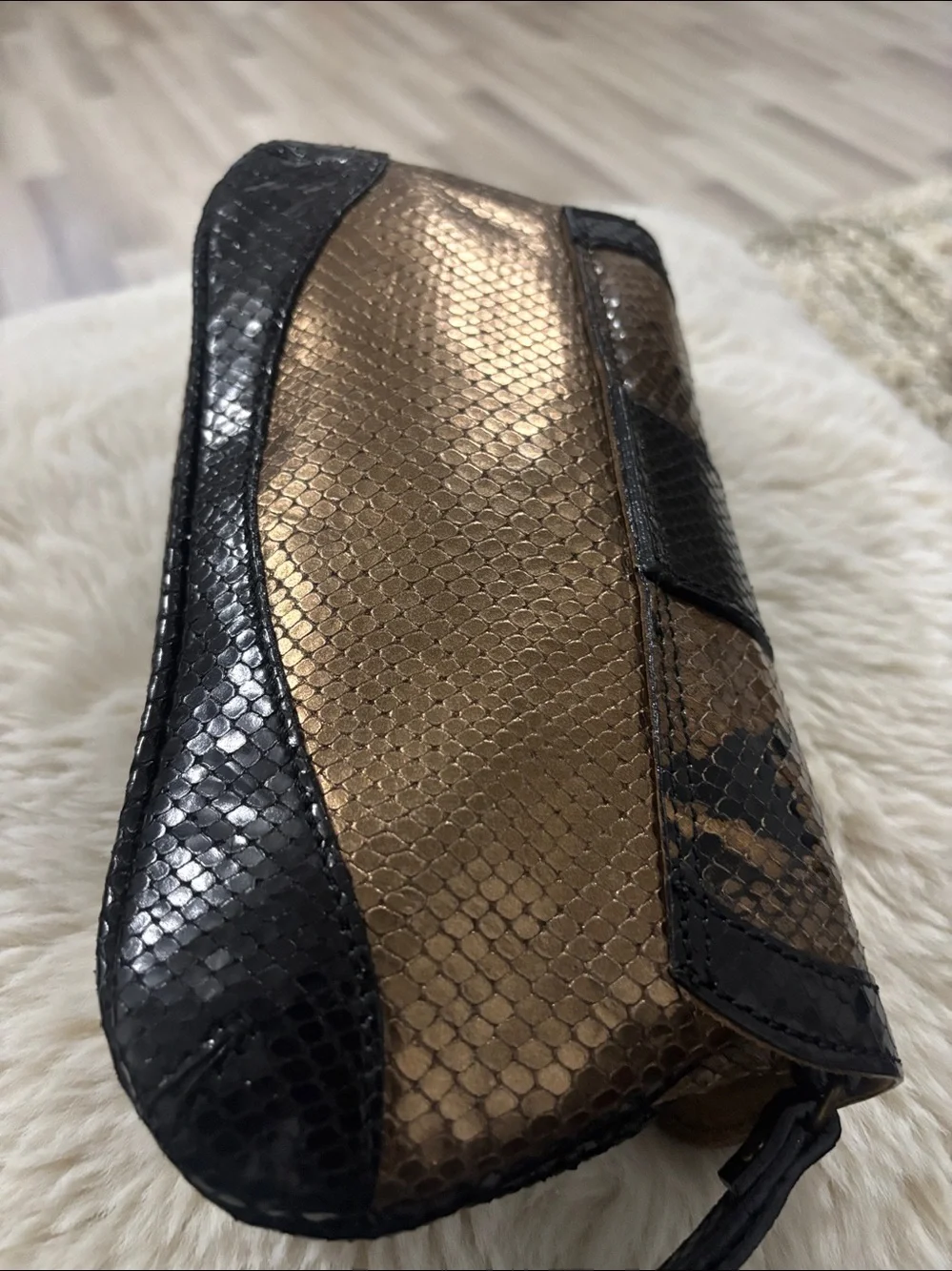 Doncaster Embossed Snakeskin Leather Clutch Bronze Gold‎ Rhinestone Snake
